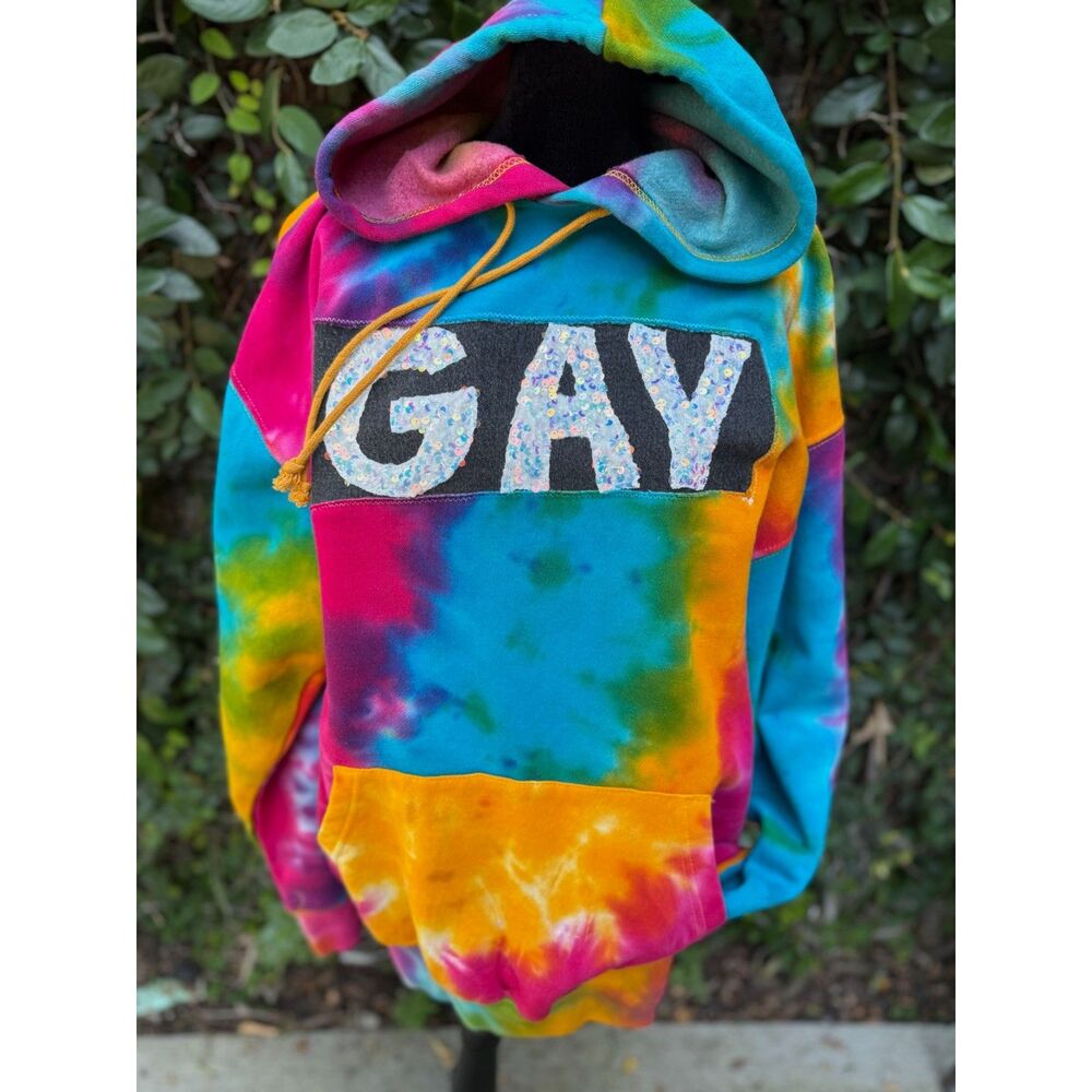 Upcycled Tie Dye Hoodie - Gay appliqué - Picture 1 of 6